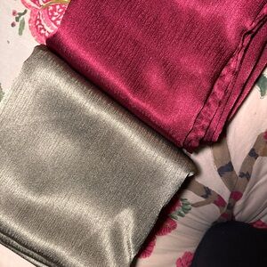 Set of 2 Satin Square Tablecloths 70x70 Burgundy & Gold Hemmed Shimmery